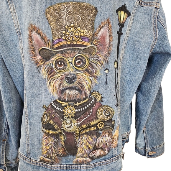 Hand Painted Steampunk Terrier Dog On A Denim Jean Jacket - Picture 2 of 5